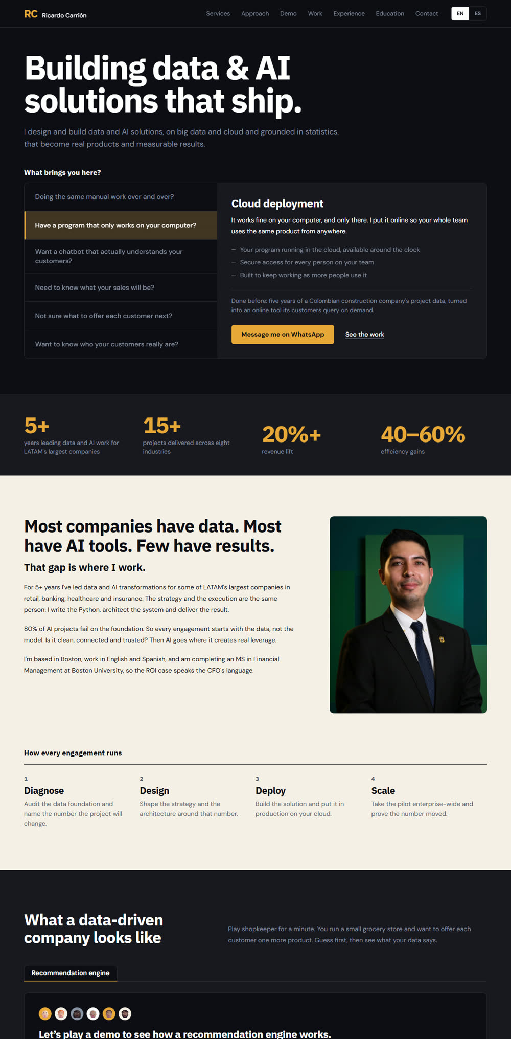 Screenshot of the ricardocarrion.com home page